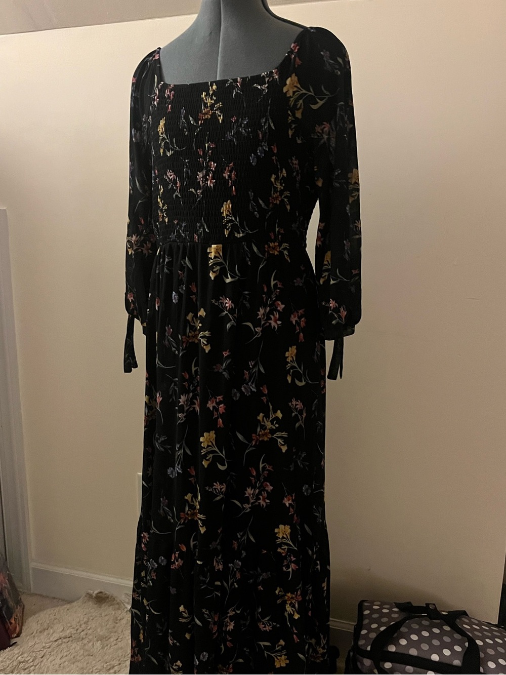 Siren Lily Black Floral Smocked Maxi Dress with Pink and Yellow Blooms